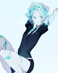 Rule 34 | 1other, absurdres, amputee, androgynous, bad id, bad pixiv id, broken, colored eyelashes, commentary, crystal hair, gem uniform (houseki no kuni), green eyes, green hair, highres, houseki no kuni, looking at viewer, necktie, other focus, phosphophyllite, puffy short sleeves, puffy sleeves, short hair, short sleeves, shorts, simple background, solo, symbol-only commentary, translucent hair, yuzuki (yuzuplanet)
