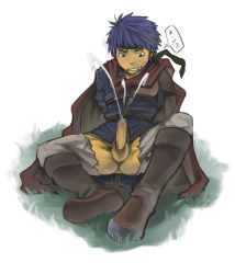 Rule 34 | 1boy, arms behind back, ass, blue eyes, blue hair, boots, cape, cum, ejaculation, erection, fire emblem, full body, handsfree ejaculation, ike (fire emblem), male focus, matching hair/eyes, nature, nintendo, penis, plant, sitting, solo, spread legs, testicles, torakichi (ebitendon), torn clothes, white background