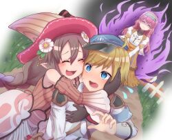 Rule 34 | 1boy, 2girls, absurdres, angry, ares (rune factory), armor, blonde hair, cheek-to-cheek, closed eyes, dirt road, dress, embarrassed, false smile, fence, flower, flying sweatdrops, gloves, grass, hair flower, hair ornament, hand on another&#039;s cheek, hand on another&#039;s face, hat, heads together, highres, hug, ludmila (rune factory), multiple girls, pink hair, priscilla (rune factory), road, rune factory, rune factory 5, shoulder armor, sleeve cuffs, smile, terumasa (amanoy), witch hat, wooden fence