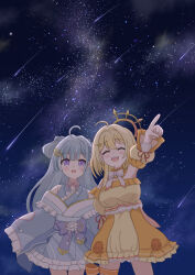 Rule 34 | 2girls, :d, ahoge, amaui, blonde hair, blue hair, blue kimono, blunt bangs, bow, bowtie, breasts, closed eyes, collar, commentary request, cowboy shot, crescent, crescent hair ornament, detached collar, detached sleeves, dress, frilled collar, frilled dress, frilled kimono, frilled sleeves, frills, hair intakes, hair ornament, halo, highres, hinata mashu, japanese clothes, kimono, large breasts, long hair, long sleeves, medium bangs, multiple girls, nanashi inc., nao kesa, neck ribbon, obi, open mouth, orange halo, pink ribbon, pointing, pointing up, puffy detached sleeves, puffy sleeves, purple bow, purple eyes, purple sash, red ribbon, ribbon, sash, shooting star, short hair, sky, sleeve ribbon, small breasts, smile, star (sky), starry sky, strapless, strapless dress, teeth, upper teeth only, virtual youtuber, white bow, white bowtie, wide sleeves, yellow collar, yellow dress, yellow sleeves