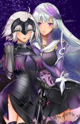 Rule 34 | 2girls, ahoge, aile t, armor, armored dress, black dress, black legwear, black skirt, blush, brynhildr (fate), dress, fate/grand order, fate (series), faulds, feather hair ornament, feathers, floating hair, gauntlets, hair ornament, hand on hilt, hands on another&#039;s shoulder, highres, holding hands, jeanne d&#039;arc (fate), jeanne d&#039;arc alter (avenger) (fate), jeanne d&#039;arc alter (fate), long hair, looking at viewer, miniskirt, multiple girls, open mouth, pleated skirt, purple eyes, purple feathers, sailor collar, short hair, side slit, silver hair, skirt, standing, sword, thighhighs, very long hair, weapon, white sailor collar, yellow eyes