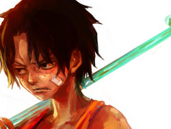Rule 34 | 1boy, angry, bad id, bad pixiv id, bandages, black eyes, black hair, blouse, brown hair, child, east blue, freckles, frown, male focus, messy hair, one piece, pole, portgas d. ace, serious, shirt, sleeveless, sleeveless shirt, solo, transparent background, tsuyomaru, weapon, white background, aged down
