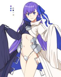 Rule 34 | 10s, 1girl, bad id, bad twitter id, blue eyes, blue ribbon, color guide, crotch plate, fate/extra, fate/extra ccc, fate/grand order, fate (series), flat chest, groin, hair ribbon, long hair, long sleeves, meltryllis (fate), meltryllis (second ascension) (fate), michihasu, midriff, navel, purple hair, ribbon, simple background, sleeves past wrists, smile, solo, white background