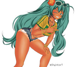 Rule 34 | aqua eyes, aqua hair, bikini, bikini tan, bikini under clothes, bracelet, brazil, brazilian miku, flower, hair flower, hair ornament, hatsune miku, highres, jewelry, long hair, multiple bracelets, navel, self-upload, shirt, short shorts, shorts, shorts tan, shyinkart, smile, solo, sunglasses, swimsuit, tan, tanline, tanline peek, twintails, very long hair, vocaloid, yellow shirt