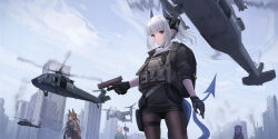 Rule 34 | aircraft, animal ears, arknights, backpack, bag, black gloves, black jacket, black pantyhose, black skirt, blonde hair, blue hair, brown hair, building, bulletproof vest, city, closed mouth, commentary request, dragon girl, dragon horns, dragon tail, expressionless, franka (arknights), glock, gloves, grey hair, gun, handgun, helicopter, highres, holding, holding gun, holding weapon, horns, jacket, jessica (arknights), liskarm (arknights), liskarm (overload) (arknights), long hair, looking at viewer, official alternate costume, outdoors, pantyhose, ponytail, red eyes, skirt, skyscraper, solo focus, sthk, tactical clothes, tail, thigh strap, vanilla (arknights), weapon