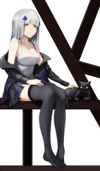 Rule 34 | 1girl, anizi, bare shoulders, black cat, black thighhighs, blue jacket, blunt bangs, breasts, cat, cleavage, collarbone, commentary, full body, girls&#039; frontline, green eyes, hair ornament, highres, hk416 (girls&#039; frontline), jacket, long hair, long sleeves, looking at viewer, no shoes, off-shoulder jacket, off shoulder, shirt, silver hair, sitting, solo, tank top, thighhighs, white shirt