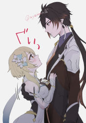 Rule 34 | 1boy, 1girl, black gloves, blonde hair, blush, breast press, breasts, brown hair, closed mouth, collared shirt, commentary request, diamond-shaped pupils, diamond (shape), earrings, flower, from side, genshin impact, gloves, hair flower, hair ornament, height difference, jewelry, looking at another, low ponytail, lumine (genshin impact), medium breasts, medium hair, necktie, shirt, sidelocks, single earring, standing, symbol-shaped pupils, tassel, tassel earrings, twitter username, white necktie, yamaya aya, zhongli (genshin impact)