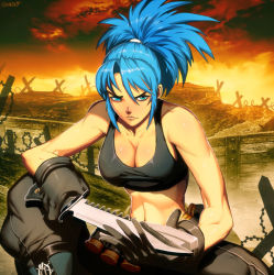 Rule 34 | 1girl, barbed wire, bare shoulders, blue eyes, blue hair, boots, breasts, cleavage, frown, genzoman, gloves, king of fighters xiii, knife, large breasts, leona heidern, matching hair/eyes, midriff, ponytail, snk, solo, tank top, the king of fighters, the king of fighters xiii, trench, weapon