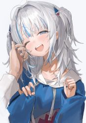 Rule 34 | 1girl, 1other, absurdres, blue eyes, blue hair, blush, freng, gawr gura, grey background, highres, hololive, hololive english, hood, hood down, hoodie, long sleeves, looking at viewer, medium hair, multicolored hair, one eye closed, open mouth, sharp teeth, simple background, solo focus, streaked hair, sweat, teeth, two side up, upper body, virtual youtuber, white hair