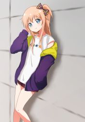 Rule 34 | 1girl, against wall, blonde hair, blue eyes, blush, bow, casual, commentary, feet out of frame, hair bow, hand in own hair, highres, hood, hoodie, long hair, looking at viewer, minatsuki hitoka, open clothes, open hoodie, polka dot, polka dot bow, ponytail, purple bow, purple hoodie, red shorts, shirt, shorts, smile, solo, standing, star (symbol), star print, toshinou kyouko, wall, white shirt, yuru yuri
