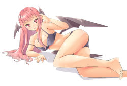 Rule 34 | 1girl, alternate costume, arm support, arnest, ass, barefoot, bat wings, bikini, black bikini, blush, breasts, bright pupils, collarbone, foot out of frame, full body, hand in own hair, head wings, koakuma, large breasts, long hair, looking at viewer, low wings, lying, on side, red eyes, red hair, shadow, sidelocks, simple background, slit pupils, smile, solo, swimsuit, touhou, wet, white background, white pupils, wings