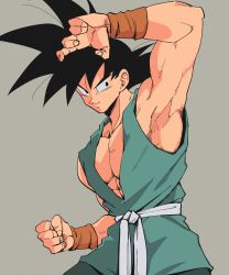 Rule 34 | 1boy, arm up, armpits, bare arms, black eyes, black hair, clenched hand, closed mouth, commentary request, dougi, dragon ball, grey background, highres, kz (dbz kz), looking to the side, male focus, muscular, muscular male, pectorals, sash, sideways glance, simple background, sleeveless, smile, solo, son goku, spiked hair, upper body, wristband