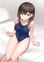 Rule 34 | 1girl, bed, blue one-piece swimsuit, breasts, brown eyes, brown hair, competition school swimsuit, covered navel, feet out of frame, highres, looking at viewer, medium breasts, nobita (nbnobita), one-piece swimsuit, original, pillow, school swimsuit, solo, swimsuit