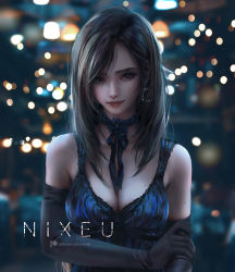 Rule 34 | 1girl, artist name, black gloves, blue dress, blurry, blurry background, bokeh, breasts, brown eyes, brown hair, cleavage, depth of field, dress, earrings, elbow gloves, final fantasy, final fantasy vii, final fantasy vii remake, gloves, hand on own elbow, highres, jewelry, lips, long hair, looking at viewer, mole, mole on arm, mole on breast, mole on shoulder, nixeu, nose, solo, tifa lockhart, tifa lockhart (refined dress), upper body, wall market