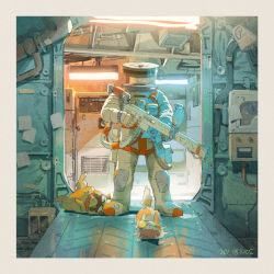 Rule 34 | 1other, border, calico, cat, commentary, dog, english commentary, facing viewer, film grain, full body, gun, hjl, holding, holding gun, holding weapon, mecha, no humans, original, robot, solo, spacecraft interior, spacesuit, standing, weapon, white border