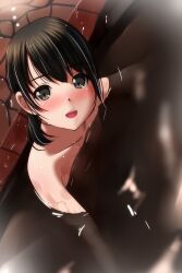 Rule 34 | 1girl, :d, absurdres, black hair, blush, brown eyes, collarbone, from above, highres, looking at viewer, looking up, matsunaga kouyou, nose blush, nude, onsen, open mouth, original, partially submerged, smile, solo, teeth, upper teeth only, water
