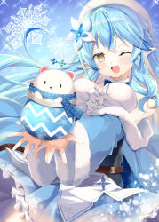 Rule 34 | 1girl, :d, belt, blue bow, blue bowtie, blue hair, blue skirt, blush, bow, bowtie, braid, breasts, breasts squeezed together, center frills, daifuku (yukihana lamy), flower, frills, fur trim, hair flower, hair ornament, hololive, large breasts, light blue hair, lily (flower), looking at viewer, mizuno kurage, nail polish, one eye closed, open mouth, pleated skirt, pointy ears, scarf, skirt, sleeveless, smile, snowflakes, solo, teeth, upper body, upper teeth only, virtual youtuber, white flower, yellow eyes, yukihana lamy