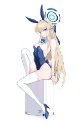 Rule 34 | 1girl, absurdres, animal ears, bare shoulders, blue archive, blue bow, blue eyes, blue hairband, blue leotard, bow, bowtie, breasts, briefcase, closed mouth, detached collar, earpiece, fake animal ears, full body, hair bow, hairband, halo, high heels, highleg, highleg leotard, highres, knee up, leotard, medium breasts, microphone, official alternate costume, playboy bunny, rabbit ears, rabbit tail, sanatdraws, sideboob, simple background, sitting, smile, solo, tail, thighhighs, thighs, toki (blue archive), toki (bunny) (blue archive), white background, white thighhighs, wrist cuffs