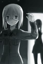 Rule 34 | 2girls, aged up, aqua theme, arms up, blue theme, commentary request, glasses, lowres, military, military uniform, monochrome, multiple girls, shimada fumikane, short hair, silhouette, strike witches, strike witches: suomus misfits squadron, uniform, ursula hartmann, world witches series