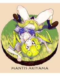 Rule 34 | 1girl, antennae, bags under eyes, borrowed character, extra arms, extra eyes, female focus, green hair, highres, arthropod girl, legs, loafers, lying, mantis akiyama, monster girl, on back, on ground, open mouth, original, panties, partially visible vulva, sakurai energy, shoes, solo, thighs, underwear