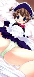 Rule 34 | 1girl, absurdres, blue eyes, blush, brown hair, cameltoe, d:, green panties, hat, highres, lying, maid, open mouth, panties, pillow, ryouka (suzuya), scan, solo, spread legs, tears, two side up, underwear, upskirt, wavy mouth