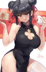 Rule 34 | 1girl, baozi, bare shoulders, black hair, blush, breasts, chinese clothes, cleavage, cleavage cutout, clothing cutout, double bun, eating, fingernails, food, hair bun, hair ribbon, hawe king, highres, holding, holding food, looking at viewer, nail polish, original, red eyes, red nails, ribbon, signature, steam, sweat, thick thighs, thighs, tongue, tongue out, witch