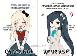 Rule 34 | 2girls, :d, alternate color, alternate costume, alternate eye color, alternate hair color, alternate hairstyle, alternate universe, anger vein, annoyed, barry nah, black bow, black hair, blonde hair, blush, bow, bowtie, danganronpa (series), danganronpa 2: goodbye despair, dress, dual persona, english text, facing viewer, green bow, green bowtie, green dress, grey bow, grey dress, hair bow, highres, juliet sleeves, long sleeves, looking at viewer, multiple girls, open mouth, parted lips, pinafore dress, puffy short sleeves, puffy sleeves, red bow, red bowtie, red eyes, short sleeves, sleeveless dress, smile, sonia nevermind, teeth