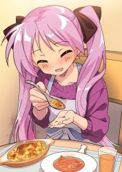 Rule 34 | 1girl, alternate costume, alternate hair color, apron, black ribbon, blush, chair, closed eyes, cup, feeding, food, hair ribbon, highres, hiiragi kagami, holding, holding spoon, hotaru iori, ichimi renge, long hair, looking at viewer, lucky star, parted lips, pink hair, pink sweater, placemat, plate, pov, ribbon, smoke, solo, spoon, sweater, table, twintails, very long hair