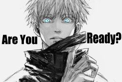 Rule 34 | blindfold, blindfold down, blue eyes, english text, gojou satoru, hand up, high collar, highres, jacket, jujutsu kaisen, kuwoniagyu11112, looking at viewer, monochrome, parted lips, short hair, simple background, spot color