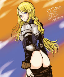 Rule 34 | 1girl, agrias oaks, anraku cho, armor, arms at sides, ass, blonde hair, blouse, blue eyes, braid, braided ponytail, breastplate, brown pants, closed mouth, clothes pull, cowboy shot, dated, elbow pads, eyelashes, final fantasy, final fantasy tactics, from behind, frown, highres, knight, long hair, long sleeves, looking at viewer, looking back, multicolored background, no panties, pants, pants pull, purple shirt, shirt, shoulder pads, sidelocks, single braid, solo, standing, straight hair, swept bangs, translation request, turtleneck