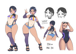 Rule 34 | 1girl, :3, arm warmers, arms behind back, ass, bikini, black hair, breasts, character sheet, commentary, competition swimsuit, contrapposto, curvy, english commentary, fang, fishnet thighhighs, fishnets, full body, goggles, goggles on head, highleg, highleg swimsuit, highres, legs, medium breasts, micro bikini, micro shorts, multicolored hair, navel, necktie, one-piece swimsuit, open mouth, orange necktie, original, purple eyes, purple hair, ryuusei (mark ii), sandals, short eyebrows, short hair, shorts, sidelocks, signature, single thighhigh, smile, sweatdrop, swim cap, swimsuit, tan, tanline, thick thighs, thighhighs, thighs, turtleneck, twitter username, two-tone hair, w, wide hips