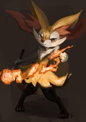 Rule 34 | 1girl, :3, animal ear fluff, animal ears, animal nose, artist name, black fur, body fur, braixen, brown background, closed mouth, creatures (company), female focus, fire, flat chest, fox ears, fox girl, fox tail, full body, furry, furry female, game freak, gen 6 pokemon, hand up, happy, highres, holding, holding stick, ikei, legs apart, looking at viewer, nintendo, one-hour drawing challenge, pokemon, pokemon (creature), red eyes, signature, simple background, sketch, smile, snout, solo, speedpaint, standing, stick, tail, white fur, yellow fur