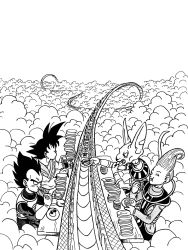 Rule 34 | 10s, 4boys, ^ ^, armor, beerus, black hair, chopsticks, closed eyes, cloud, cloudy sky, commentary request, d:, dougi, dragon ball, dragon ball super, dragonball z, eating, egyptian clothes, closed eyes, facing away, from above, gloves, greyscale, highres, lee (dragon garou), male focus, monochrome, multiple boys, open mouth, outdoors, outstretched arm, plate, profile, short hair, sitting, sky, snake way, son goku, spiked hair, table, vegeta, whis