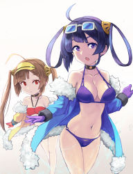 Rule 34 | 2girls, ahoge, azur lane, bad id, bad pixiv id, bandeau, bare shoulders, bikini, black choker, blue-tinted eyewear, blue jacket, breasts, brown hair, chestnut mouth, choker, cleavage, collarbone, commentary request, eyewear on head, fur-trimmed jacket, fur trim, gloves, gradient background, grey background, hair rings, hairpods, halterneck, highres, jacket, large breasts, long hair, long sleeves, looking at viewer, multiple girls, navel, ning hai (azur lane), ning hai (summer hunger) (azur lane), o-ring, o-ring bikini, o-ring bottom, off shoulder, open clothes, open jacket, parted lips, ping hai (azur lane), ping hai (summer vacation) (azur lane), purple bikini, purple eyes, purple gloves, purple hair, red bikini, red eyes, red gloves, sawawse, simple background, small breasts, sunglasses, swimsuit, the blue glasses, tinted eyewear, twintails, very long hair, white-framed eyewear, white background, yellow jacket