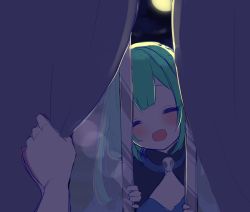 Rule 34 | 1girl, :d, blurry, blush, bokeh, closed eyes, commentary request, curtain grab, curtains, depth of field, eyebrows hidden by hair, fang, green hair, head tilt, highres, hololive, indoors, medium hair, moon, night, night sky, open mouth, pov, skin fang, skull ornament, sky, smile, solo focus, upper body, uruha rushia, uruha rushia (1st costume), virtual youtuber, window, yorumikan, |d
