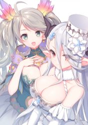 Rule 34 | 2girls, :d, ahoge, bare shoulders, breasts, cleavage, closed mouth, commentary request, commission, de la fille, dress, eyes visible through hair, fingernails, flower, granblue fantasy, green eyes, grey hair, grey skirt, hair flower, hair ornament, hair over one eye, hand up, hat, highres, horns, izmir, large breasts, long fingernails, long hair, medium breasts, multiple girls, open mouth, pixiv commission, pleated skirt, pointy ears, red eyes, sacraneco, simple background, skirt, smile, twintails, very long hair, white background, white dress, white flower, white headwear