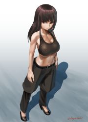 Rule 34 | 10s, 1girl, abazu-red, belt, black footwear, black pants, blunt bangs, breasts, brown eyes, brown hair, cleavage, commentary, flats, frown, full body, girls und panzer, large breasts, legs apart, long hair, mature female, midriff, navel, nishizumi shiho, no shirt, pants, shadow, shoes, solo, sports bra, standing, stomach, twitter username