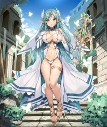 Rule 34 | 1girl, bare shoulders, blue hair, breasts, cleavage, evertale, full body, hand on own chest, high heels, highres, holding, large breasts, long hair, looking at viewer, navel, open mouth, pointy ears, smile, solo, thighs, yellow eyes