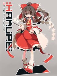 Rule 34 | 1girl, ahoge, ascot, bad id, bad tumblr id, bow, brown eyes, brown hair, detached sleeves, gohei, grey background, hair bow, hair tubes, hakurei reimu, half updo, highres, holding, japanese clothes, long hair, looking at viewer, midriff, miko, open mouth, ribbon, ribbon trim, sam 58, shirt, simple background, skirt, skirt set, solo, touhou, wide sleeves