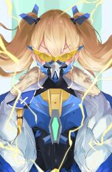 1girl absurdres bandaid bandaid_on_cheek bandaid_on_face black_bodysuit blonde_hair blue_eyes bodysuit breasts chankuro coat fur_trim goddess_of_victory:_nikke headgear highres laplace_(nikke) long_hair looking_at_viewer open_mouth sidelocks solo twintails white_coat