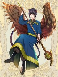 Rule 34 | 1boy, animal ears, black footwear, black hair, blue robe, boots, brown wings, cat ears, cat tail, dairoku ryouhei, feathered wings, full body, holding, holding staff, invisible chair, looking at viewer, male focus, ponponpananda, robe, sitting, solo, staff, tail, wings