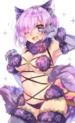 Rule 34 | 1girl, ;d, animal ears, arm up, armpits, blush, bow, breasts, claw pose, cleavage, cowboy shot, detached collar, elbow gloves, fate/stay night, fate (series), fur-trimmed gloves, fur-trimmed legwear, fur collar, fur trim, gloves, hair over one eye, highres, kurone (nano 070), lace, lace-trimmed legwear, lace trim, looking at viewer, mash kyrielight, mash kyrielight (dangerous beast), medium breasts, navel, o-ring, official alternate costume, one eye closed, open mouth, pink bow, purple gloves, purple thighhighs, revealing clothes, short hair, simple background, smile, solo, sparkle, standing, stomach, tail, thighhighs, white background, wolf ears, wolf tail