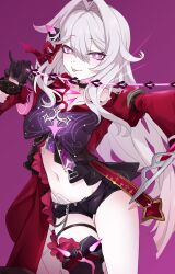 Rule 34 | 1girl, absurdres, awe (adorableduckyy), bare legs, belly, black choker, black gloves, black shorts, bright pupils, choker, cross, gloves, highres, holding, holding weapon, honkai (series), honkai impact 3rd, jacket, long hair, long sleeves, looking at viewer, naughty face, navel, purple background, purple eyes, purple ribbon, red jacket, red ribbon, ribbon, ribbon hair ornament, shorts, simple background, smile, solo, solo focus, thelema (honkai impact), tongue, tongue out, upper body, weapon, whip sword, white hair, white pupils