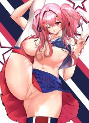 Rule 34 | 1girl, ;o, absurdres, alternate costume, american flag, american flag print, azur lane, bare shoulders, blue skirt, blush, breasts, bremerton (azur lane), cameltoe, cheerleader, cleavage, collarbone, commentary, cowboy shot, crop top, crop top overhang, crossed bangs, flag print, flexible, gluteal fold, grey hair, hair between eyes, hair intakes, hair ornament, hair ribbon, hairclip, highres, large breasts, leg hold, leg lift, long hair, looking at viewer, multicolored background, multicolored hair, navel, nipple slip, nipples, no bra, no mole, no panties, one eye closed, open mouth, pink eyes, pink hair, pink ribbon, pleated skirt, pussy, ribbon, sidelocks, skindentation, skirt, solo, spice (spicezzumi), split, standing, standing on one leg, standing split, star (symbol), star print, starry background, stomach, streaked hair, thighhighs, twintails, two-tone hair, unaligned breasts, uncensored, v, white thighhighs, x hair ornament, zettai ryouiki