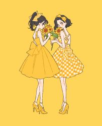 Rule 34 | 2girls, back bow, black hair, bob cut, bow, brown eyes, color coordination, dress, fashion, flower, from behind, gingham, hair bow, headband, high heels, highres, holding, holding flower, matching eye color, matching hair color, matching outfits, multiple girls, original, ponytail, rikuwo, smelling flower, sundress, sunflower, yellow background, yellow bow, yellow dress, yellow flower, yellow theme