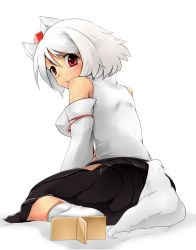 Rule 34 | 1girl, animal ears, bare shoulders, blush, breasts, detached sleeves, female focus, hat, highres, inubashiri momiji, large breasts, looking at viewer, looking back, red eyes, shirt, short hair, silver hair, sitting, skirt, solo, sorato jun, sweat, tail, tokin hat, touhou, wolf ears, wolf tail