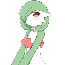 Rule 34 | 1girl, blush, bob cut, closed mouth, colored skin, creatures (company), female focus, flat chest, game freak, gardevoir, gen 3 pokemon, green hair, green skin, hair over one eye, happy, looking at viewer, multicolored skin, naezoo, nintendo, one eye covered, pokemon, pokemon (creature), red eyes, short hair, simple background, smile, solo, split mouth, standing, transparent background, two-tone skin, upper body, white skin