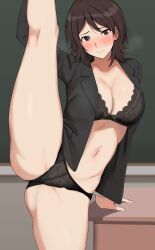 Rule 34 | 1girl, amagami, arm support, ass, black bra, black eyes, black jacket, black panties, blush, bra, breasts, brown hair, chalkboard, cleavage, closed mouth, collarbone, commentary request, embarrassed, feet out of frame, indoors, jacket, kneepits, lace, lace-trimmed bra, lace-trimmed panties, lace trim, large breasts, long sleeves, mature female, mobu, navel, no pants, no shirt, panties, short hair, solo, split, standing, standing on one leg, standing split, stomach, suit jacket, takahashi maya, underwear