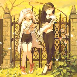 Rule 34 | 2girls, absurdres, bare legs, barefoot, black footwear, black hair, black pants, black shorts, blunt bangs, breasts, bug, butterfly, flower, frilled sleeves, frills, gate, halo, highres, insect, kumomachi, long hair, long sleeves, mechanical halo, midriff, multiple girls, navel, no bra, original, pants, parted lips, pink flower, pink rose, plant, rose, shoes, shorts, sky, small breasts, smile, tree, white hair, yellow sky, yellow theme