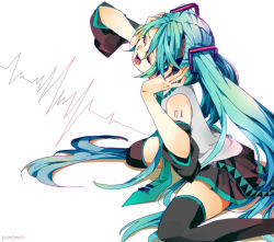 Rule 34 | 1girl, aqua hair, closed eyes, detached sleeves, hatsune miku, kotoma, listening to music, long hair, open mouth, simple background, sitting, skirt, solo, thighhighs, twintails, very long hair, vocaloid, zettai ryouiki